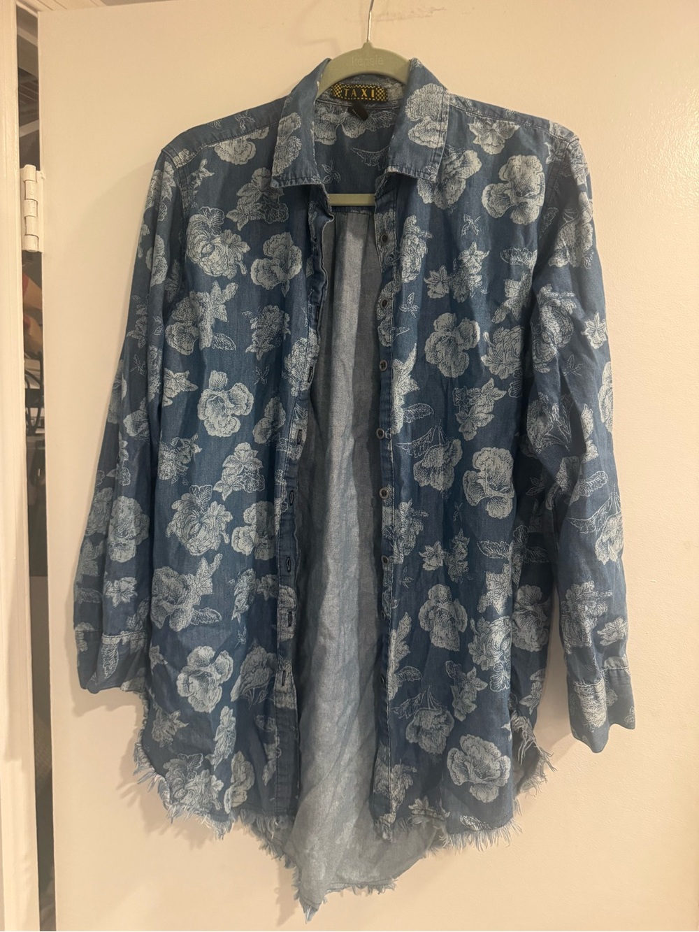 Taxi Blue Floral Button-Down Shirt Jacket Shacket XL Lightweight over shirt